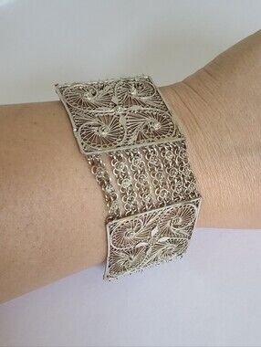 Vintage Intricate Boho Sterling Silver Filigree Openwork Canetille Wide Bracelet